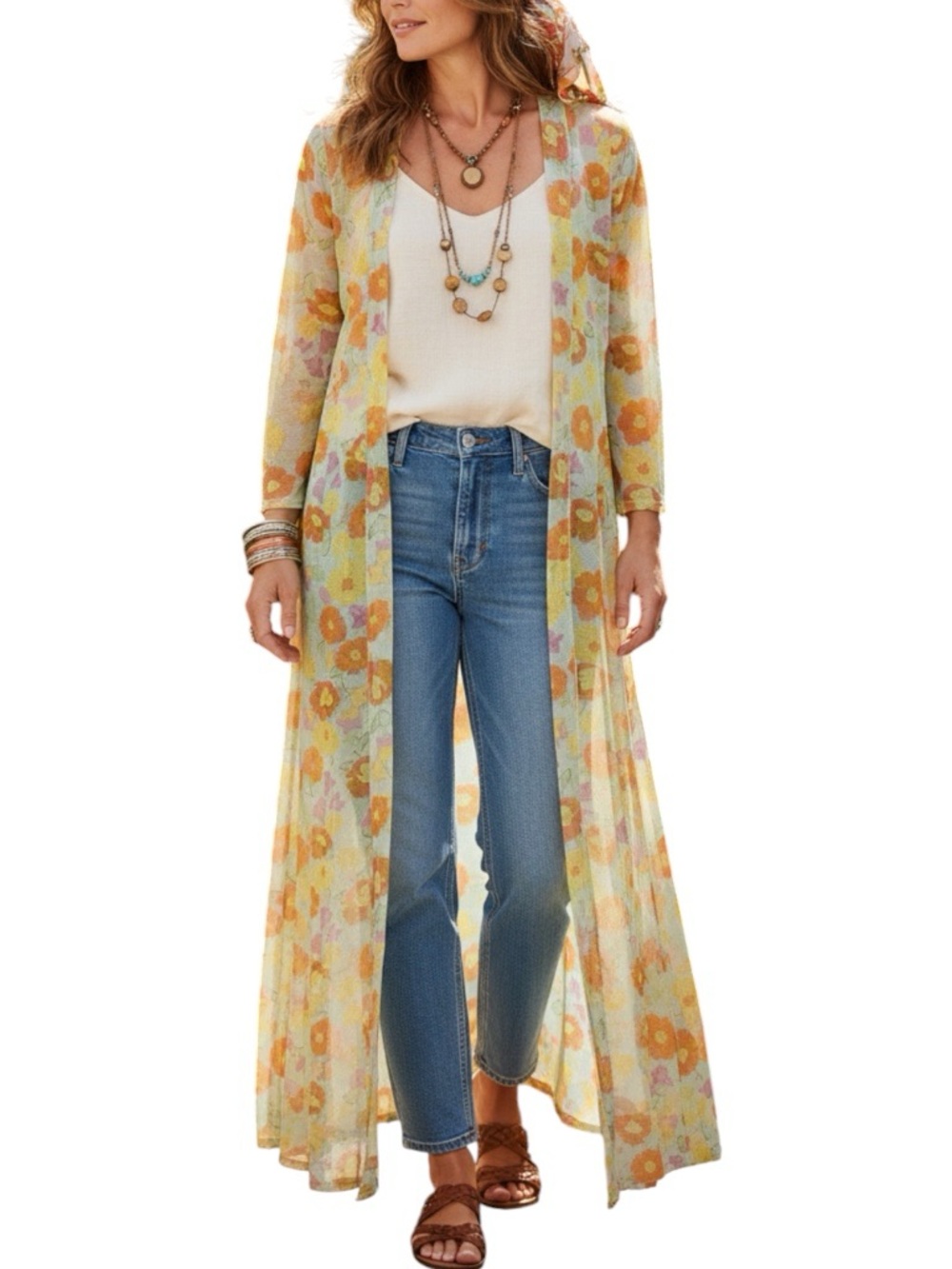 Savage X Fenty Floral Sheer Corset Back Long Boho Hippie Duster Cardigan